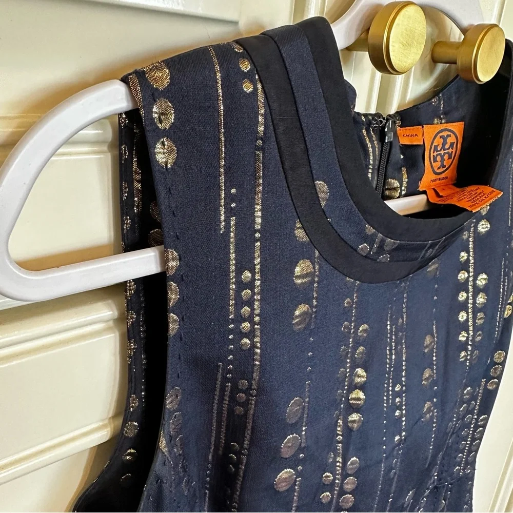 Tory Burch Women’s Navy Gold Metallic Silk Shift Dress Knee Length Cocktail SZ 8